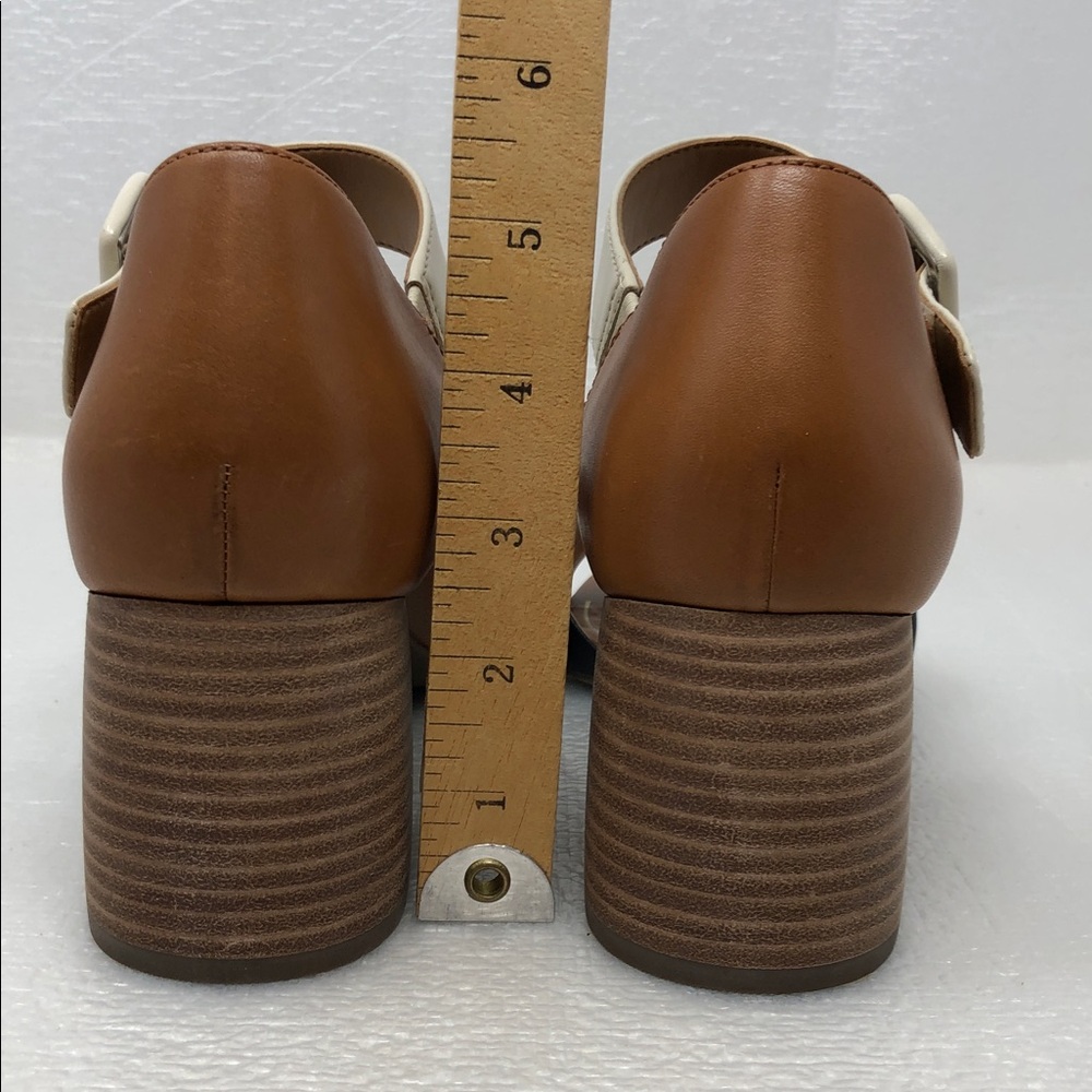 NEW Vionic Heels Chardonnay Tan Black Cream Leather Block Heel Adjustable Strap - Picture 12 of 13